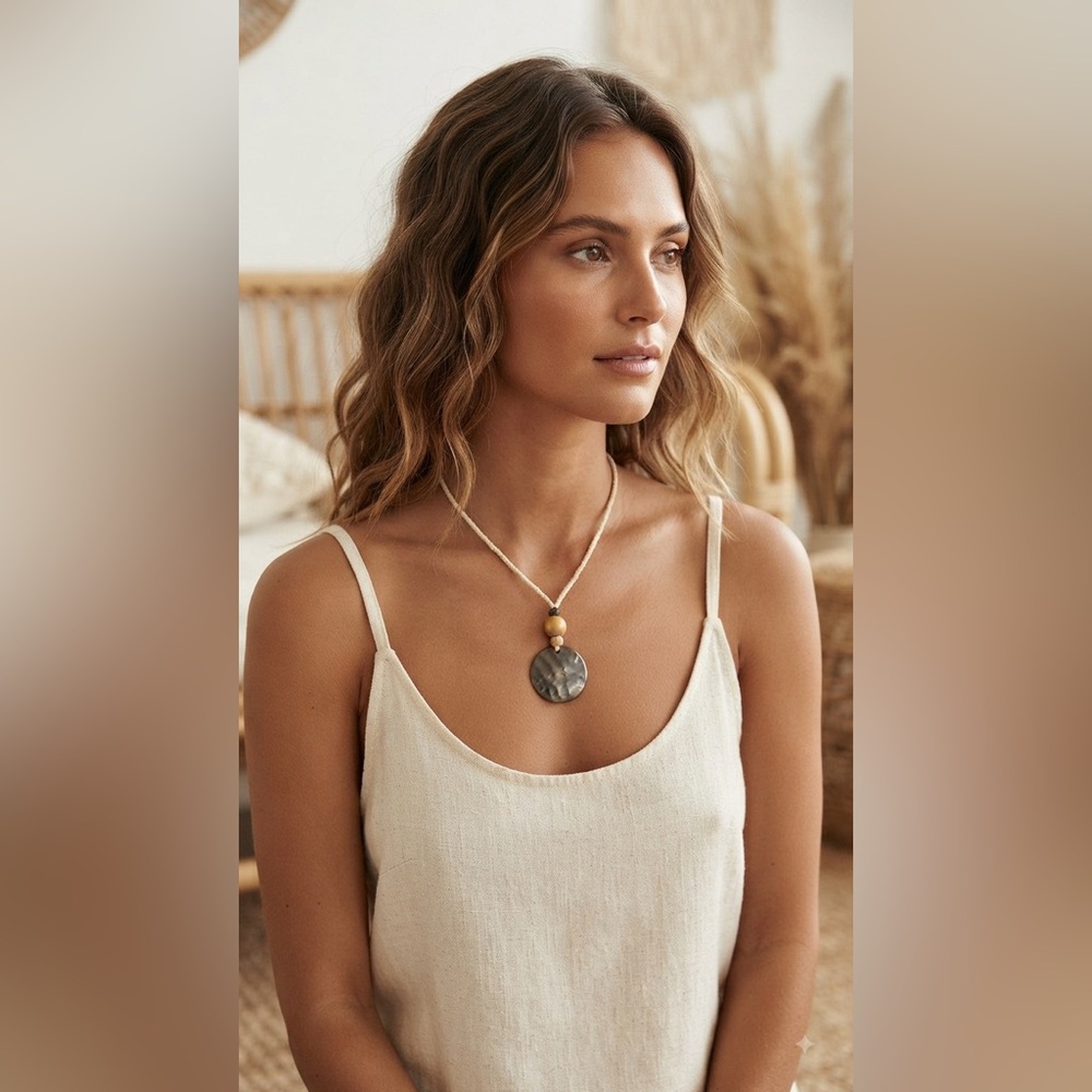 Vintage Handmade metallic Disk Pendant Necklace with Natural Wood Bead